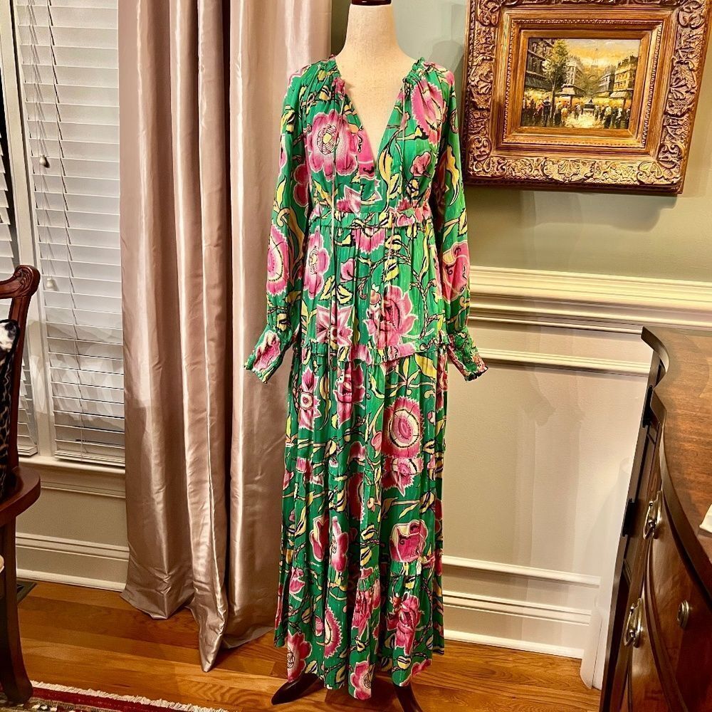 $345 Love the Label Tessa Green Pink Yellow Floral Tiered Maxi Dress Size SMALL - Picture 3 of 8